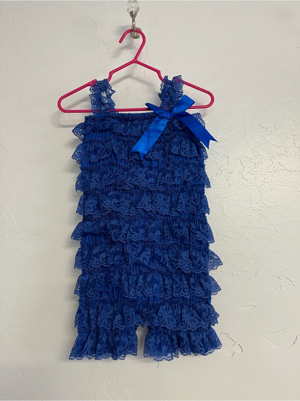 Girls Royal Blue Lace Ruffle Romper with Bow